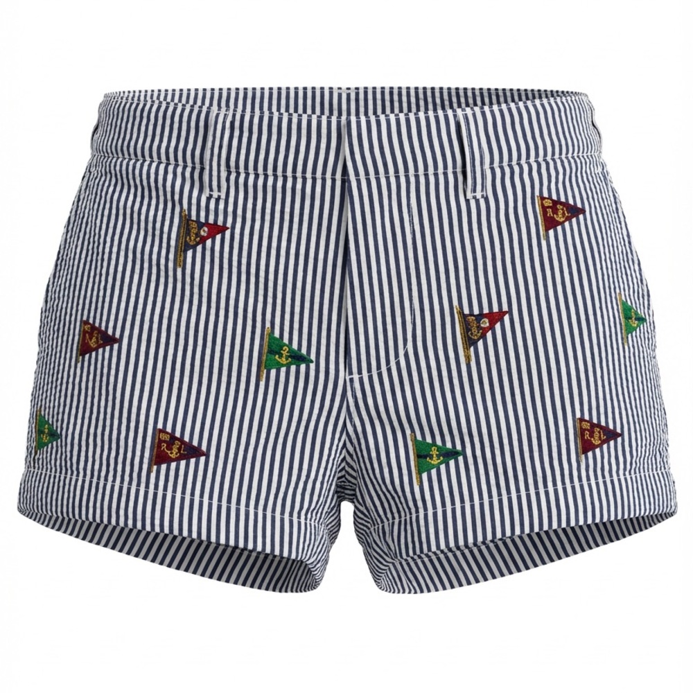 Ralph Lauren Seersucker Toddler Shorts – 3T, Striped with Embroidered Flags